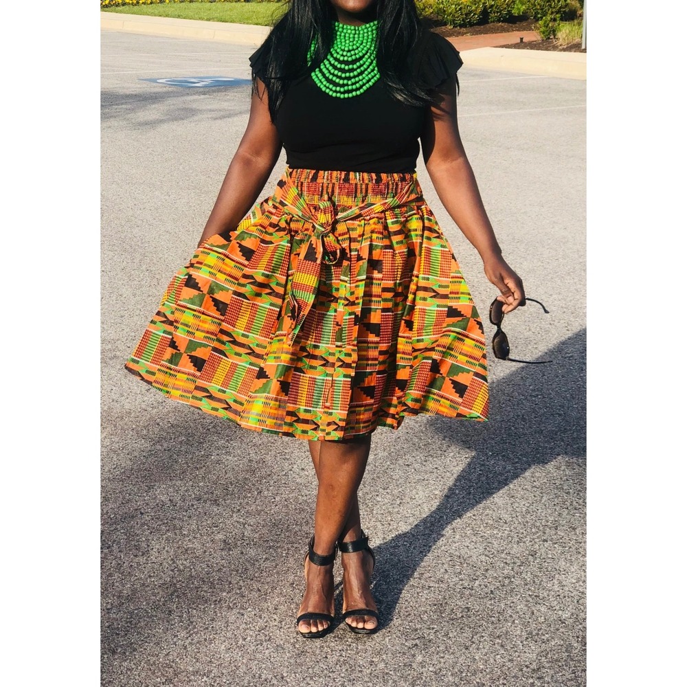 (CL) African Kente Print High Waist Midi Skirt Orange‎ Green Geo Tie Waist S